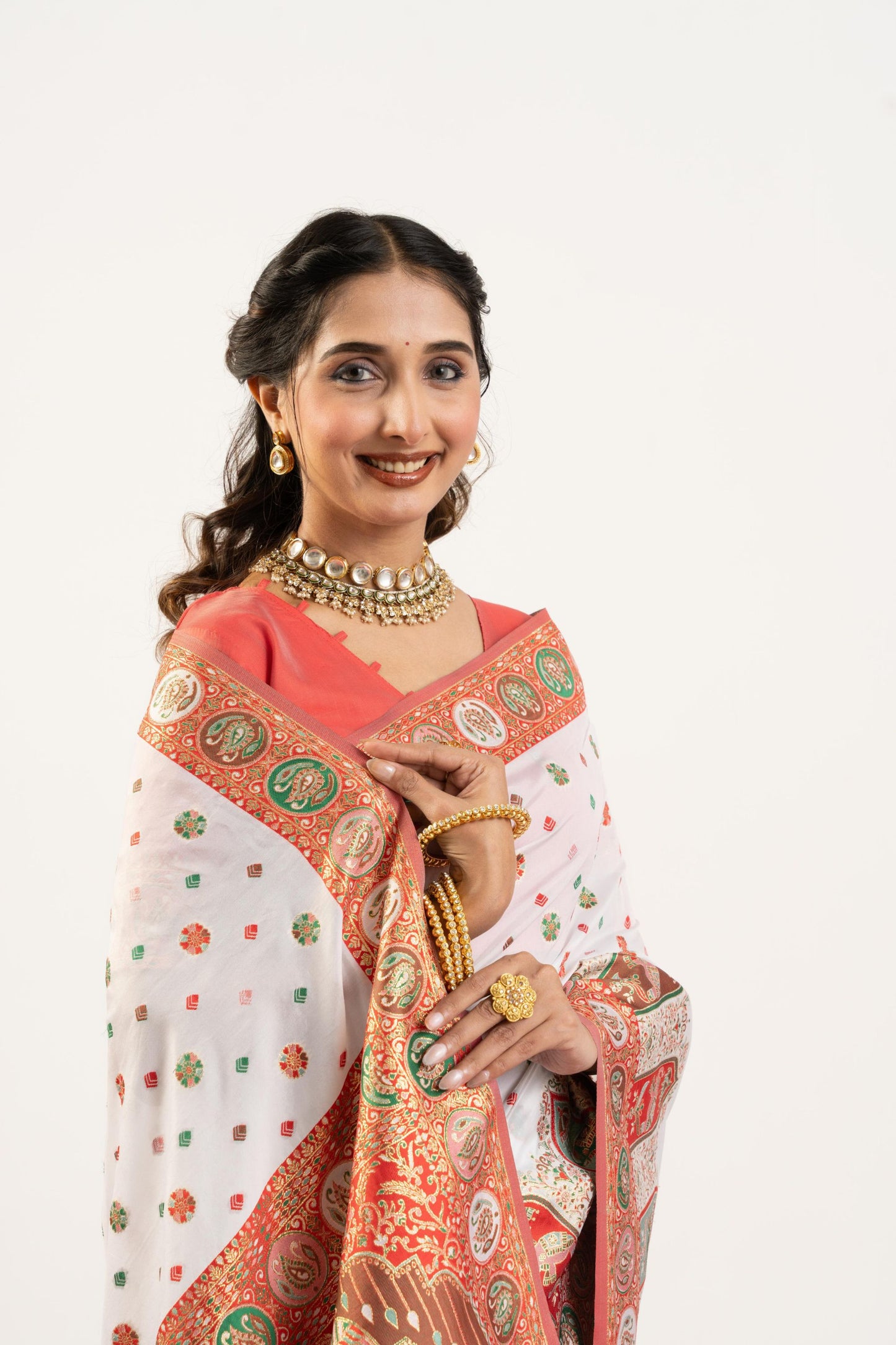 White Printed Traditional Saree with Ethnic Border Orange Blouse