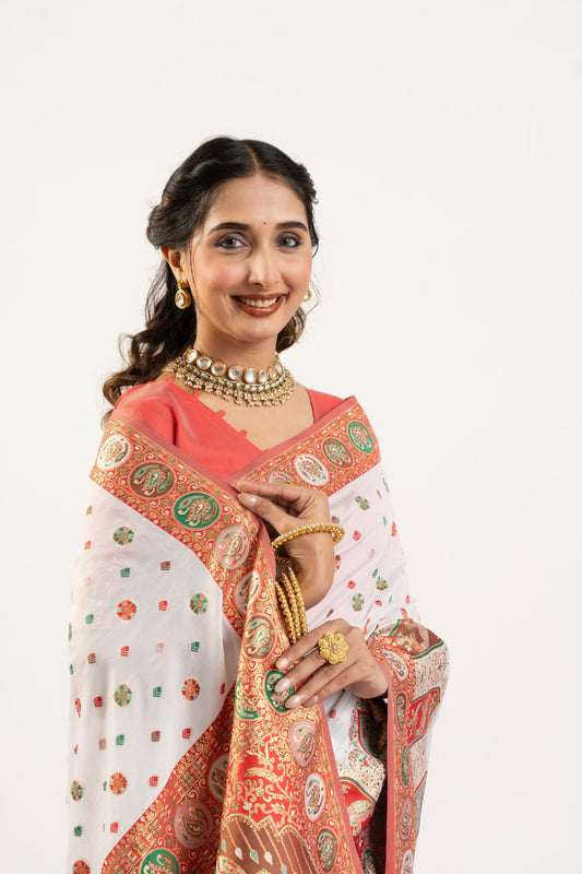 White Printed Traditional Saree with Ethnic Border Orange Blouse