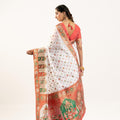 White Printed Traditional Saree with Ethnic Border Orange Blouse