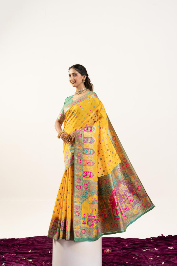 Yellow Banarasi Silk Saree with Contrast Green Blouse Festive Wear