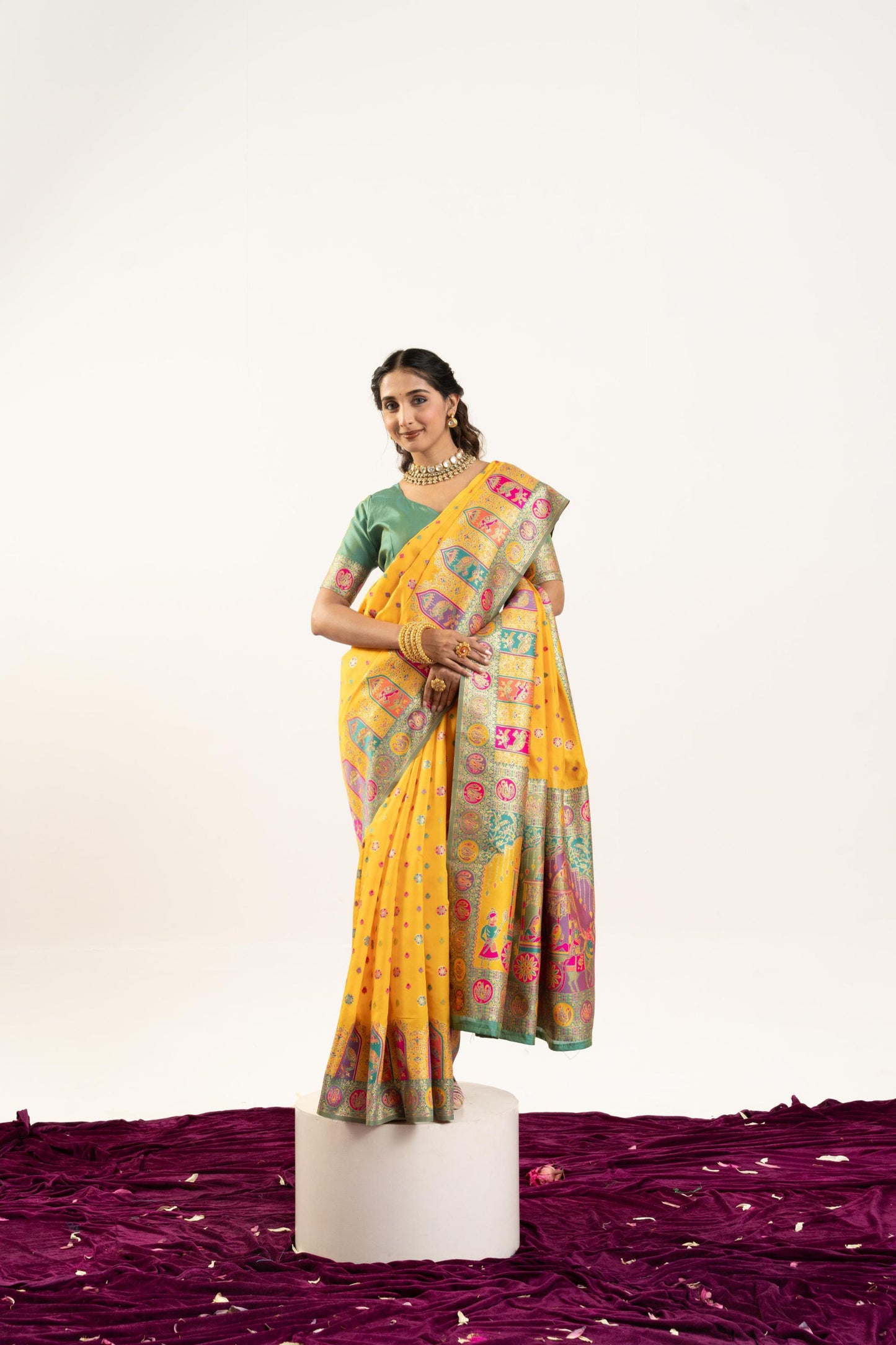 Yellow Banarasi Silk Saree with Contrast Green Blouse Festive Wear