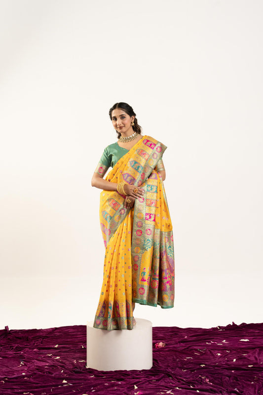 Yellow Banarasi Silk Saree with Contrast Green Blouse Festive Wear