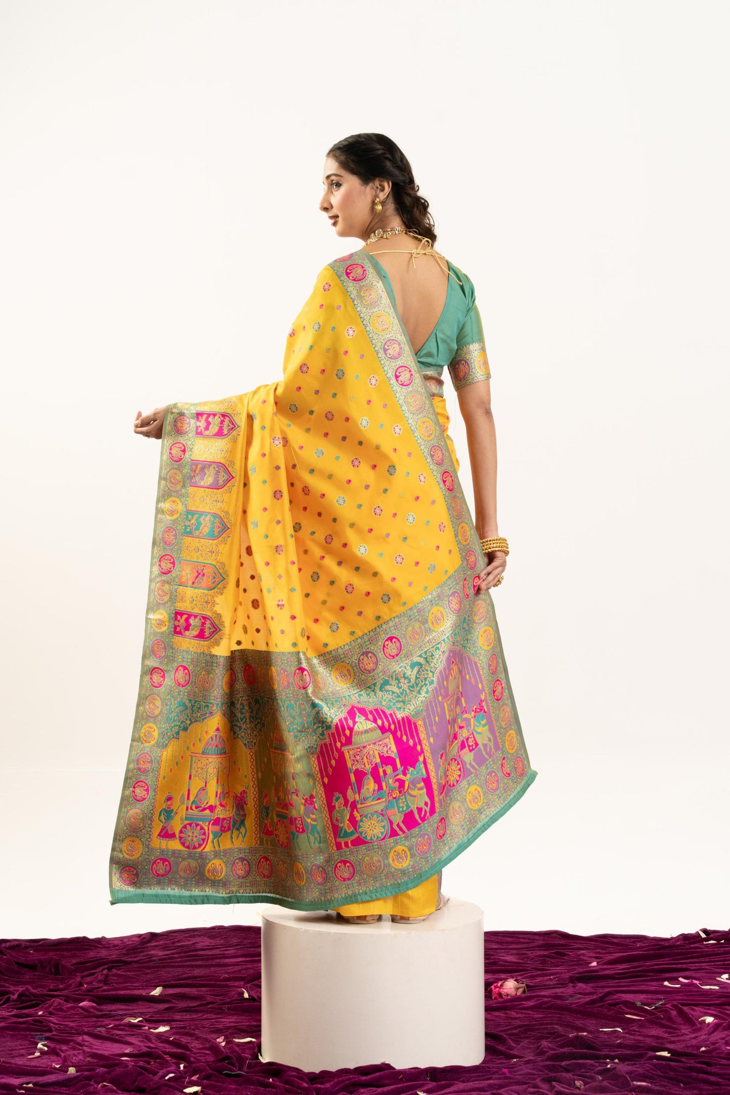 Yellow Banarasi Silk Saree with Contrast Green Blouse Festive Wear