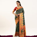 Designer Bottle Green Patola Silk Saree with Rich Red Contrast Blouse 