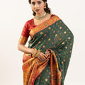 Designer Bottle Green Patola Silk Saree with Rich Red Contrast Blouse
