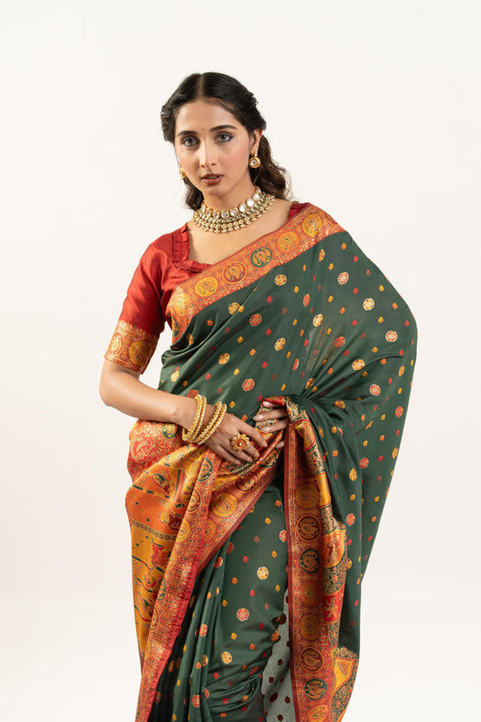 Designer Bottle Green Patola Silk Saree with Rich Red Contrast Blouse