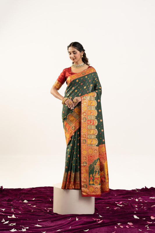 Designer Bottle Green Patola Silk Saree with Rich Red Contrast Blouse 