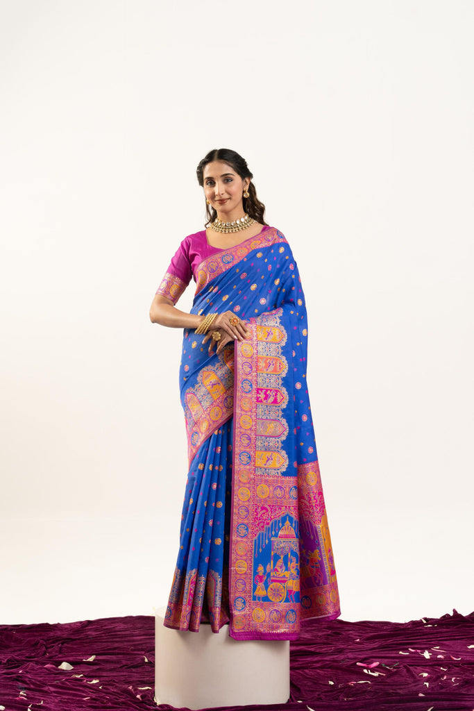 Royal Blue Patola Printed Silk Saree with Rich Pallu Contrast Pink Blouse