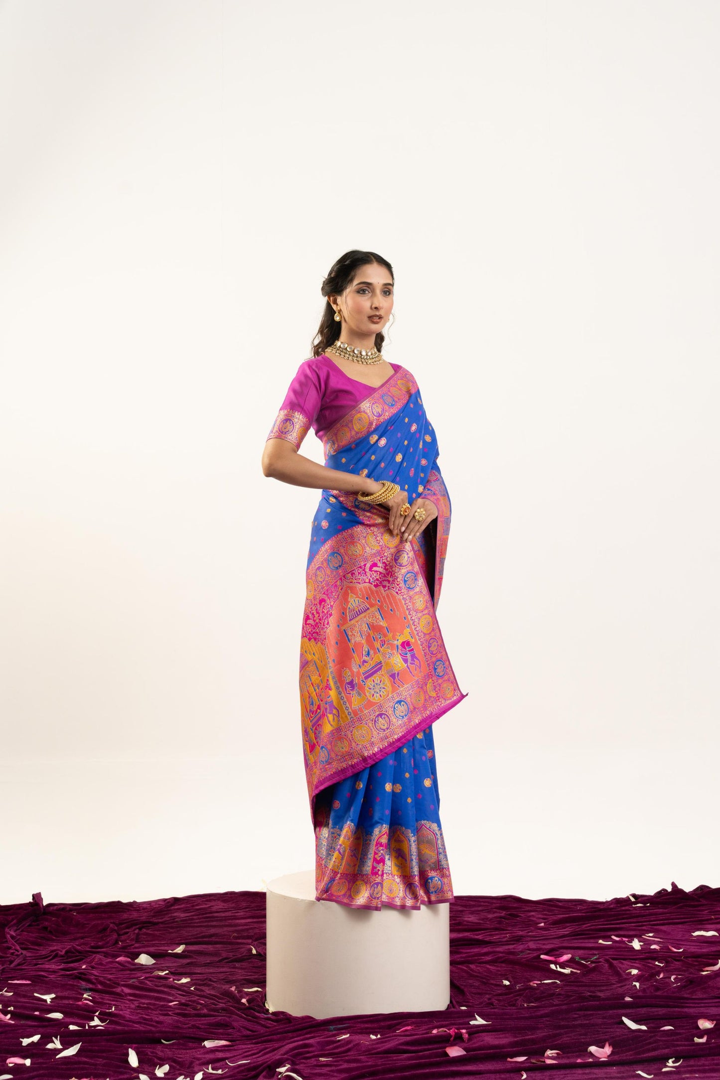 Royal Blue Patola Printed Silk Saree with Rich Pallu Contrast Pink Blouse