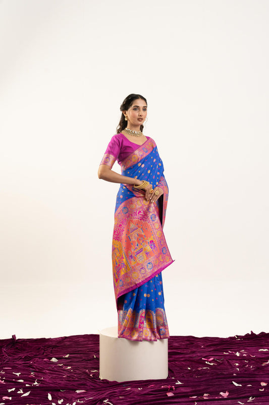 Royal Blue Patola Printed Silk Saree with Rich Pallu Contrast Pink Blouse