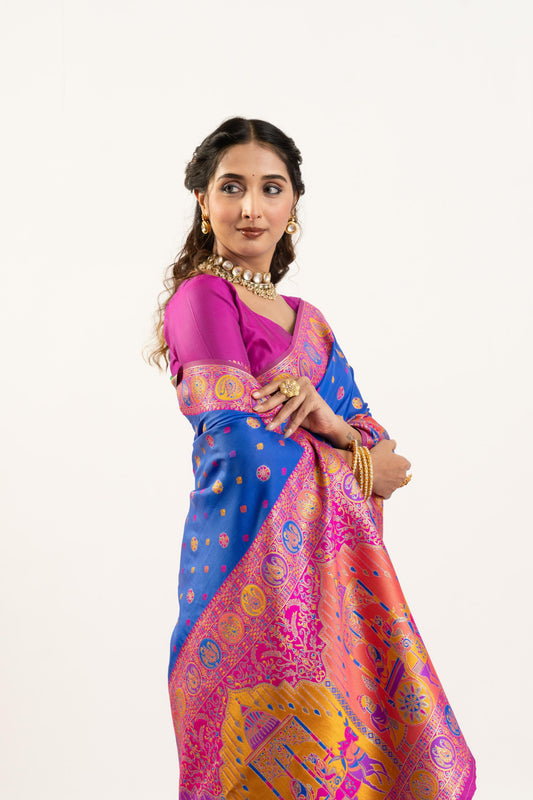 Royal Blue Patola Printed Silk Saree with Rich Pallu Contrast Pink Blouse