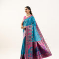 Teal Blue Banarasi Silk Saree Pink Border Festive Wear Saree