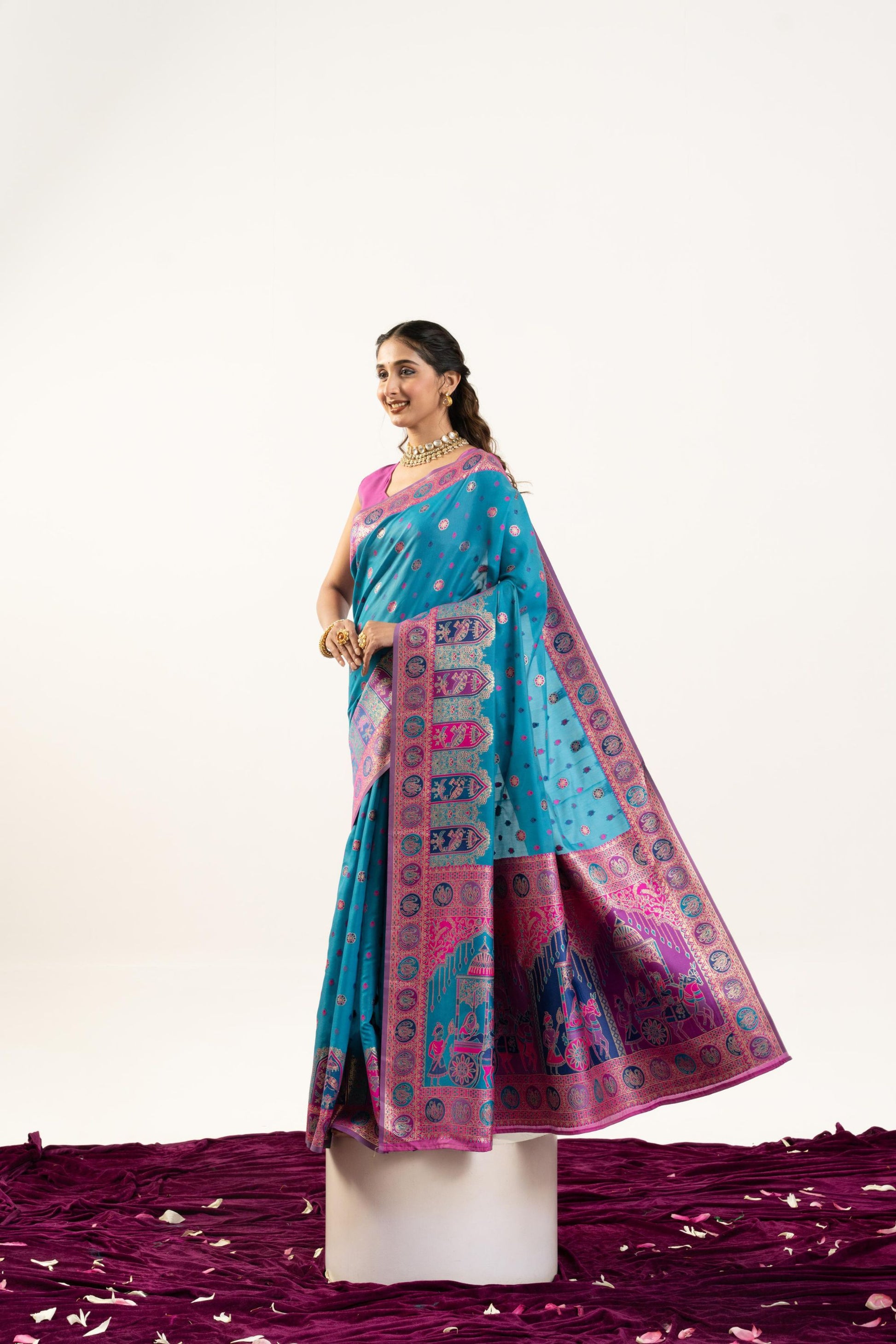 Teal Blue Banarasi Silk Saree Pink Border Festive Wear Saree