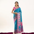 Teal Blue Banarasi Silk Saree Pink Border Festive Wear Saree