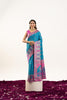 Teal Blue Banarasi Silk Saree Pink Border Festive Wear Saree