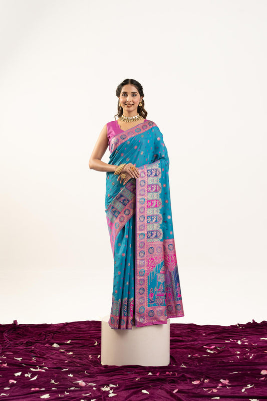 Teal Blue Banarasi Silk Saree Pink Border Festive Wear Saree