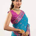 Teal Blue Banarasi Silk Saree Pink Border Festive Wear Saree