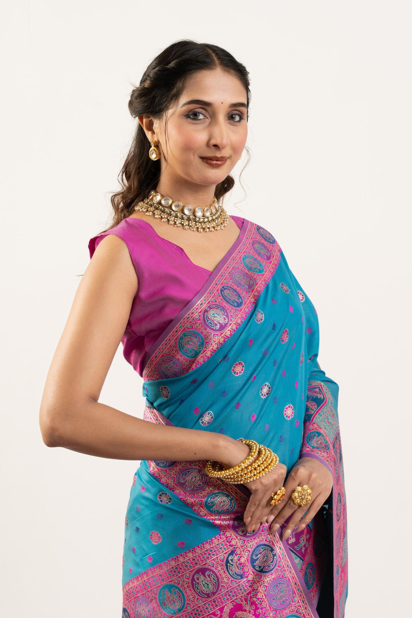 Teal Blue Banarasi Silk Saree Pink Border Festive Wear Saree