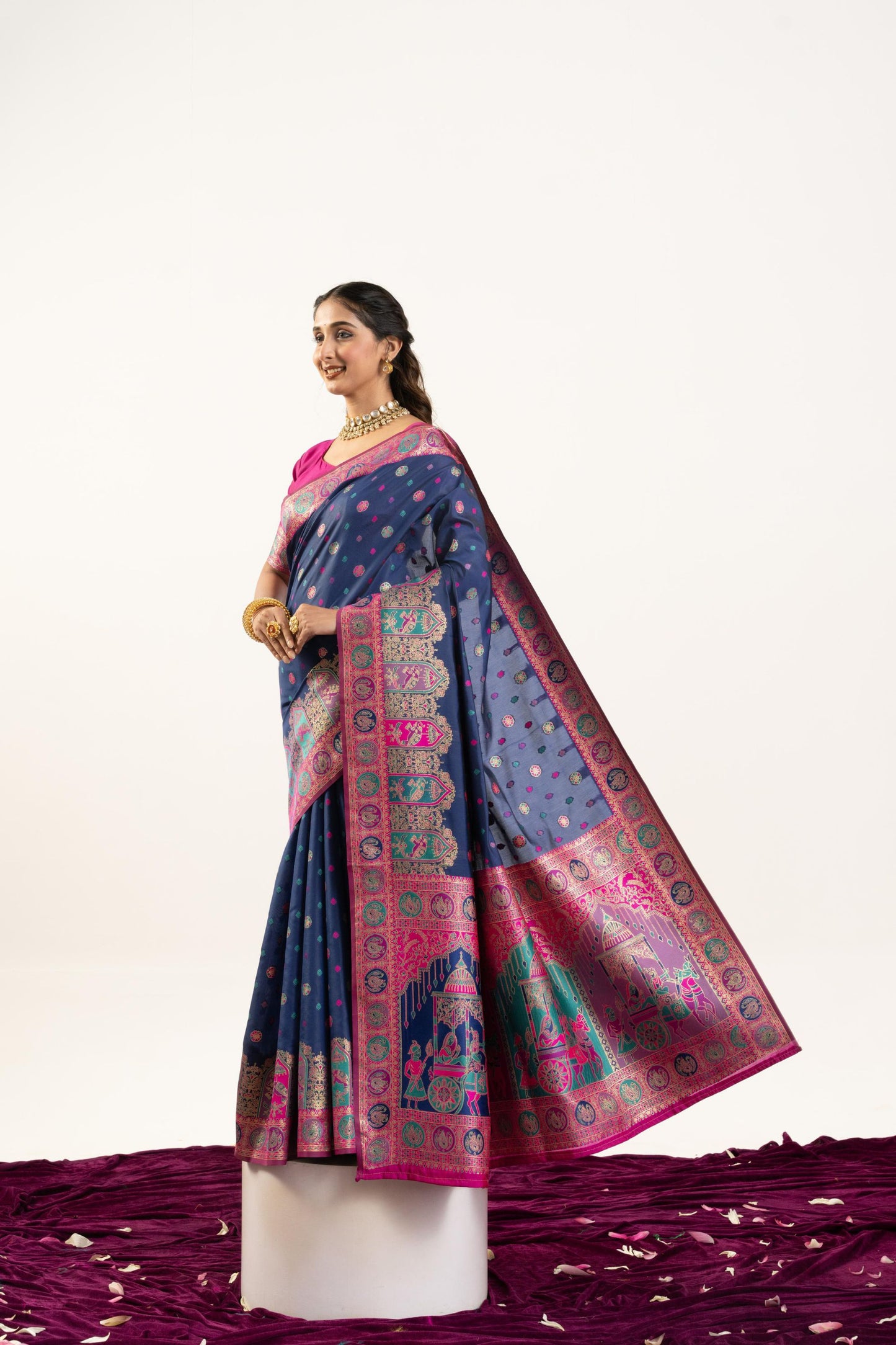 Navy Blue Banarasi Silk Saree Pink Zari Festive Rich Pallu