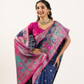 Navy Blue Banarasi Silk Saree Pink Zari Festive Rich Pallu