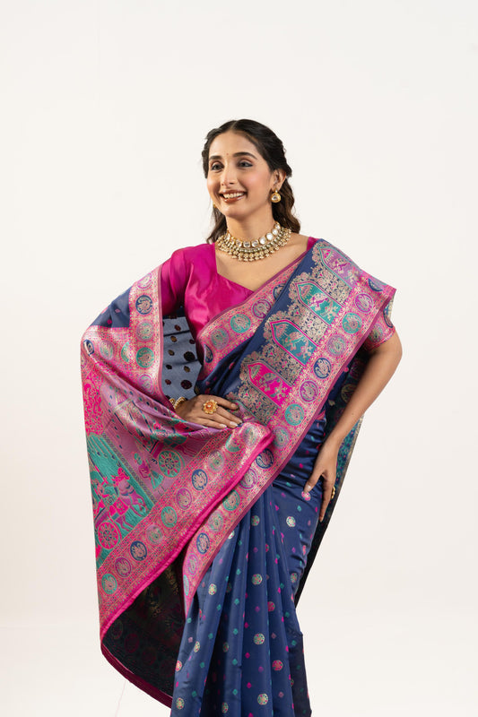 Navy Blue Banarasi Silk Saree Pink Zari Festive Rich Pallu