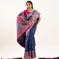 Navy Blue Banarasi Silk Saree Pink Zari Festive Rich Pallu