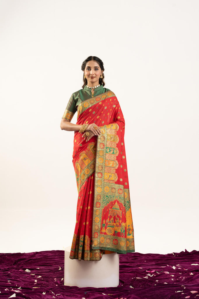 Traditional Red Patola Silk Saree Gold Zari Festive Wear Saree