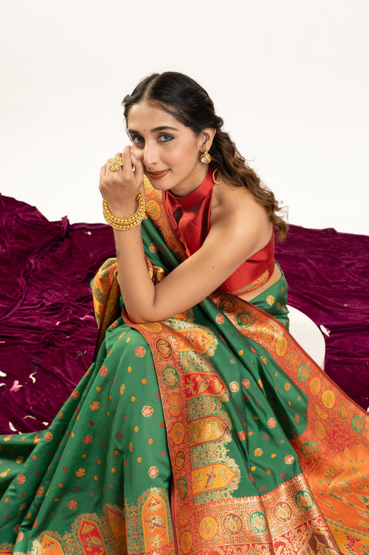 Green Patola Print Silk Saree with Rich Contrast Border Traditional Pallu