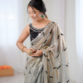 Elegant Grey Fendy Satin Embroidered Saree Black Blouse Piece for Party Wear
