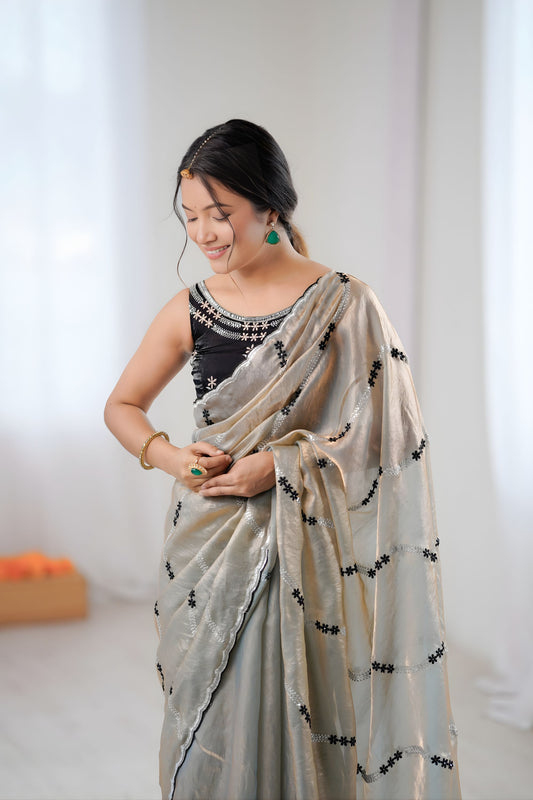 Elegant Grey Fendy Satin Embroidered Saree Black Blouse Piece for Party Wear