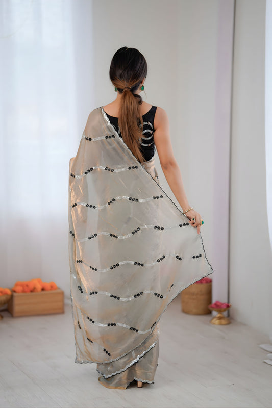 Elegant Grey Fendy Satin Embroidered Saree Black Blouse Piece for Party Wear