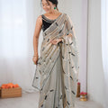 Elegant Grey Fendy Satin Embroidered Saree Black Blouse Piece for Party Wear