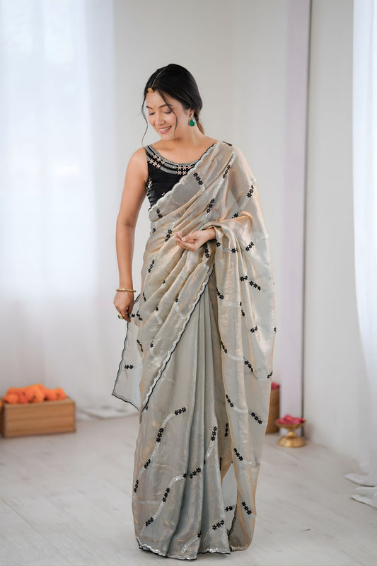 Elegant Grey Fendy Satin Embroidered Saree Black Blouse Piece for Party Wear