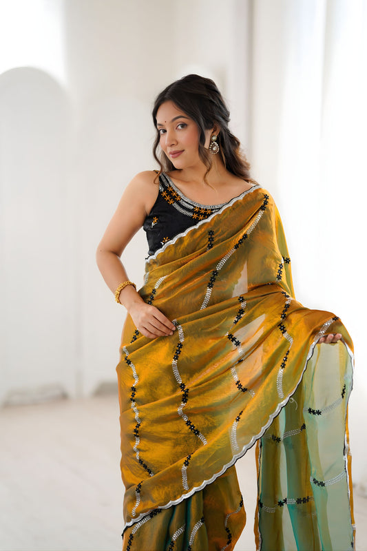 Premium Gold Fendy Satin Embroidered Saree Blouse Piece Party Wear