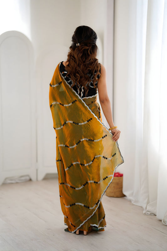 Premium Gold Fendy Satin Embroidered Saree Blouse Piece Party Wear