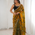 Premium Gold Fendy Satin Embroidered Saree Blouse Piece Party Wear