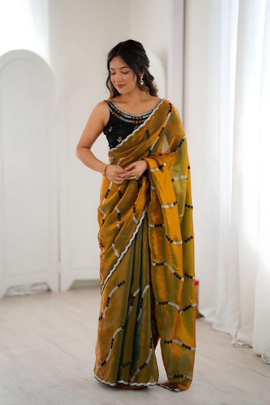 Premium Gold Fendy Satin Embroidered Saree Blouse Piece Party Wear