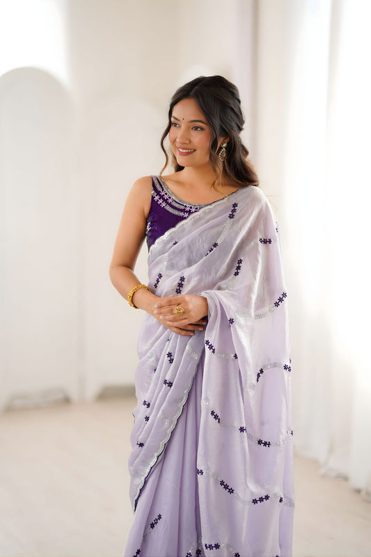 Stylish Lavender Fendy Satin Embroidered Saree Blouse Piece for Party Wear