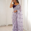 Stylish Lavender Fendy Satin Embroidered Saree Blouse Piece for Party Wear