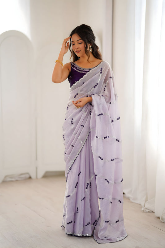 Stylish Lavender Fendy Satin Embroidered Saree Blouse Piece for Party Wear