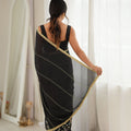 Elegant Black Star Georgette Saree Multi Thread Beads Embroidery Work for Women