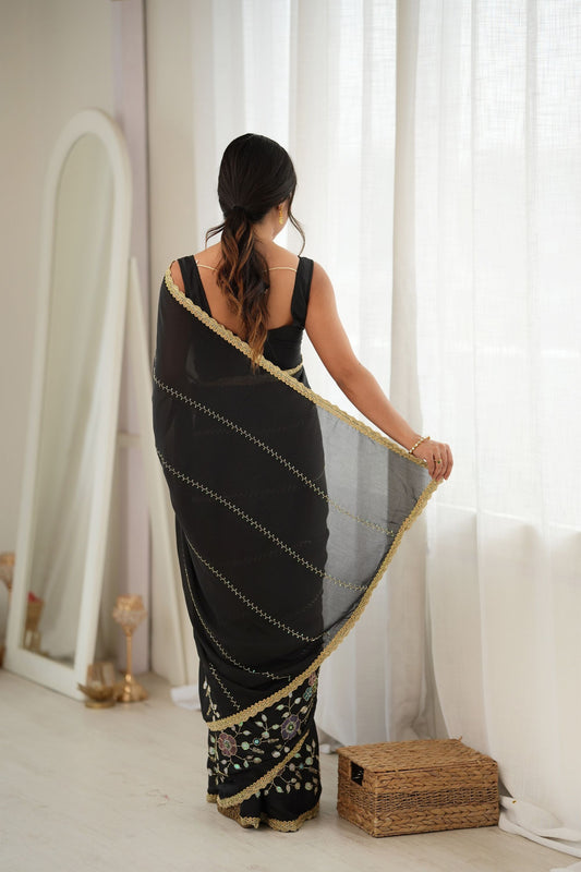 Elegant Black Star Georgette Saree Multi Thread Beads Embroidery Work for Women