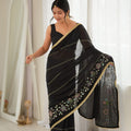 Elegant Black Star Georgette Saree Multi Thread Beads Embroidery Work for Women