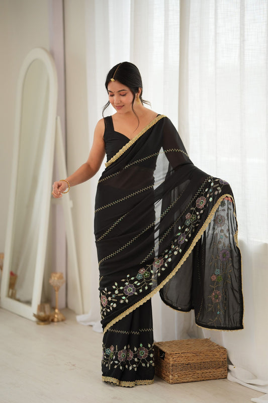 Elegant Black Star Georgette Saree Multi Thread Beads Embroidery Work for Women