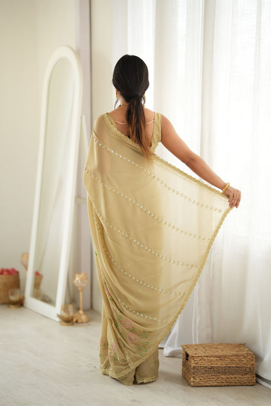 Premium Beige Star Georgette Saree Multi Thread Beads Embroidery Work for Women