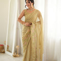 Premium Beige Star Georgette Saree Multi Thread Beads Embroidery Work for Women