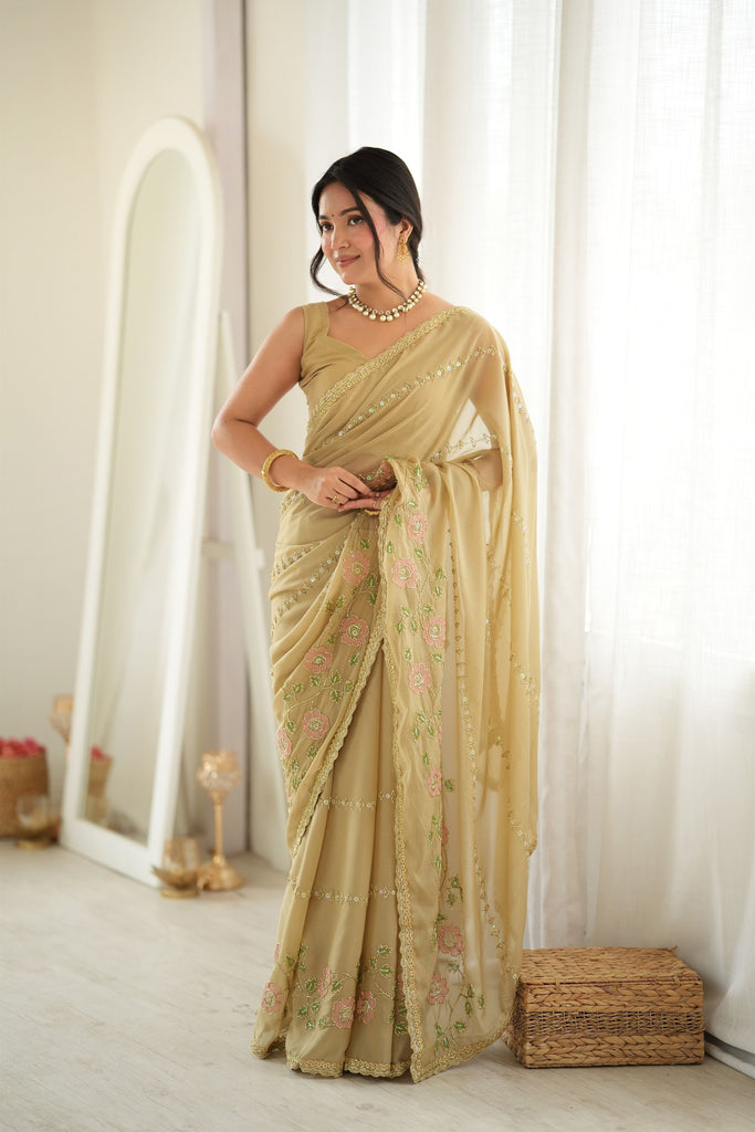 Premium Beige Star Georgette Saree Multi Thread Beads Embroidery Work for Women