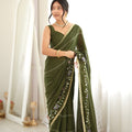 Graceful Olive Green Star Georgette Saree Thread Beads Embroidery Work for Women