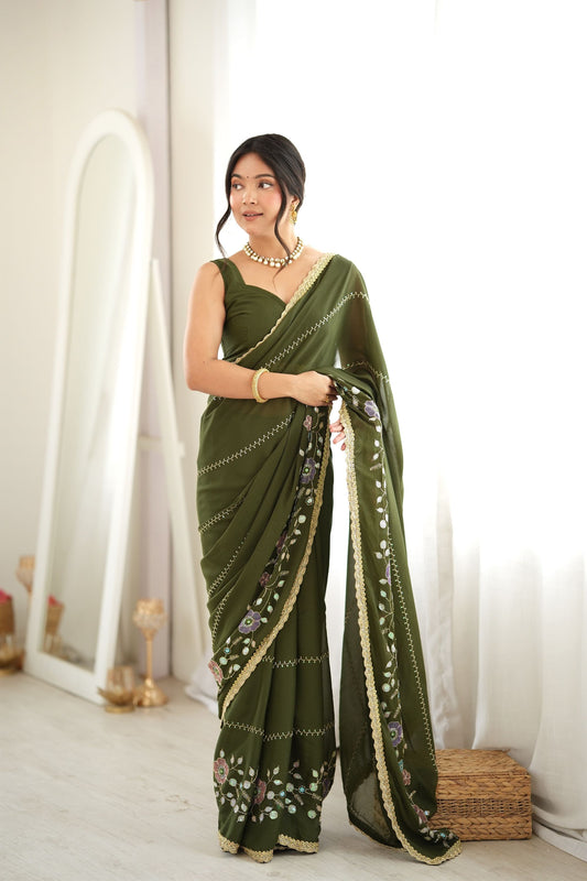 Graceful Olive Green Star Georgette Saree Thread Beads Embroidery Work for Women