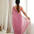Lovely Rose Pink Star Georgette Saree Thread Beads Embroidery Work for Women
